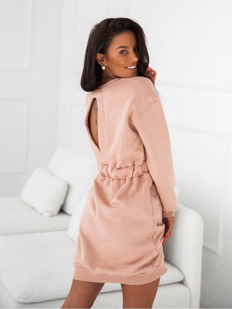 Warm dress with a cutout on the back, beige FI719 - Online store - Boutique